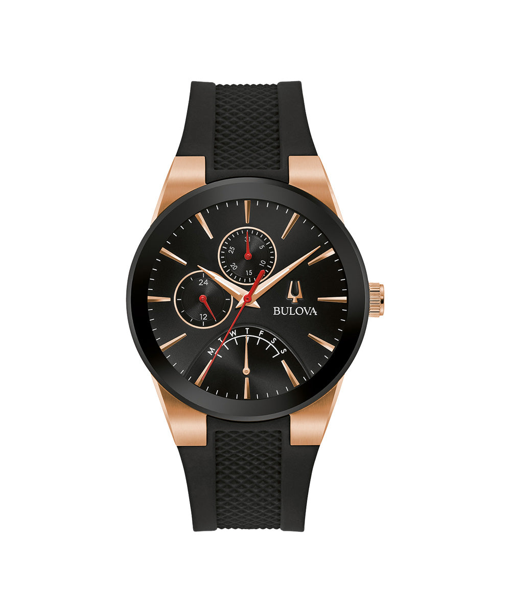 Bulova watch with black strap and rose gold accents on a white background