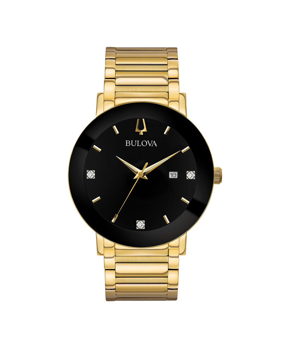 Gold watch with black face on a white background