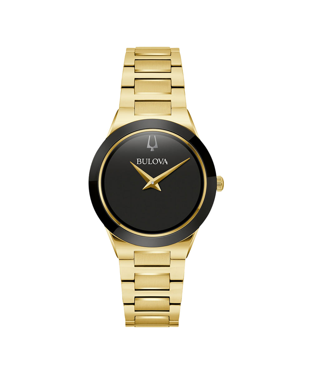 Gold watch with black face on a white background