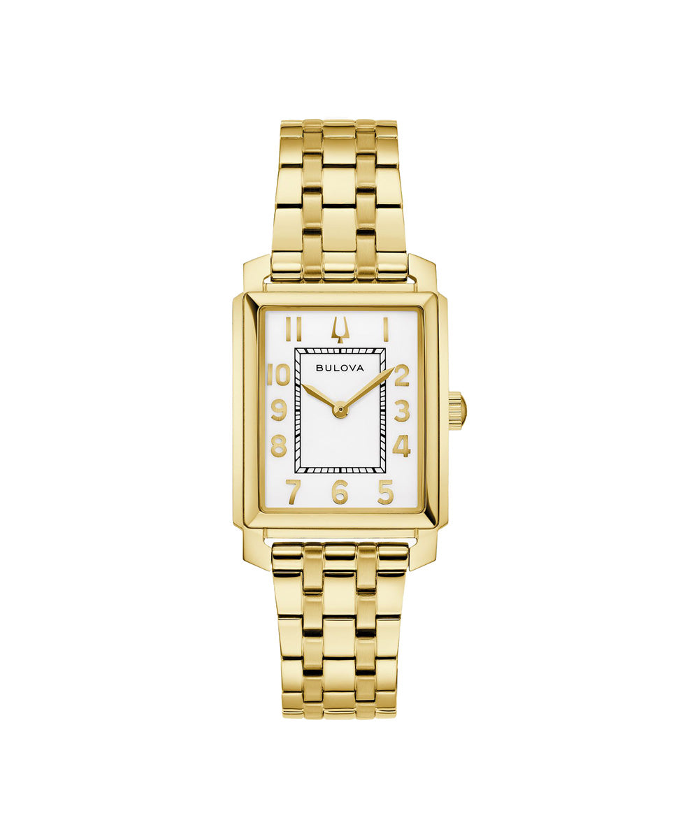 Gold watch with a white face on a white background