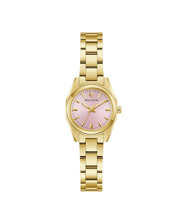 Gold watch with a pink face on a white background