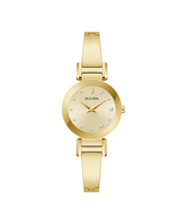 Gold watch with a diamond-studded face on a white background