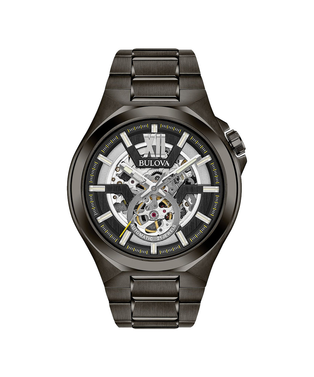 Bulova watch with black metal strap and transparent face on a white background