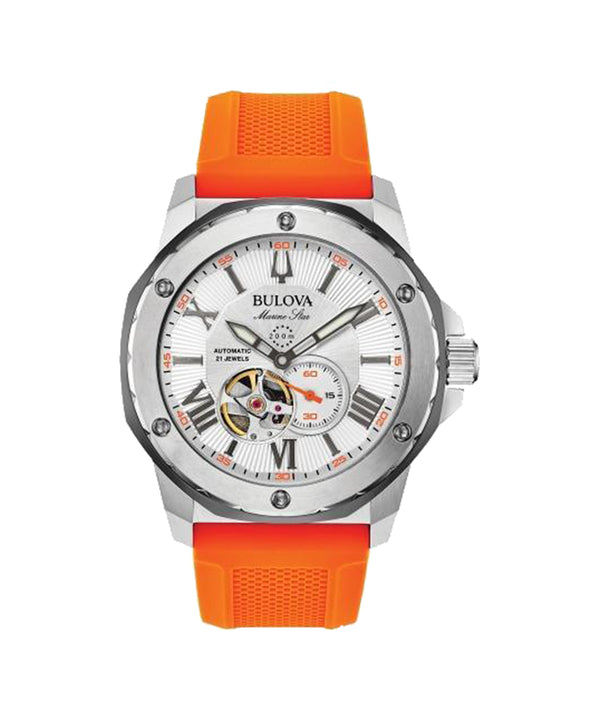 Bulova watch with orange rubber strap on a white background