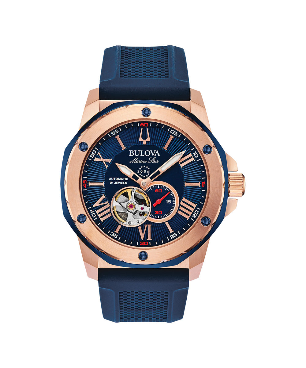 Bulova watch with blue strap and rose gold case on white background