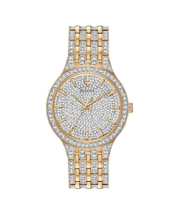 Gold and silver watch with diamond-studded face on a white background