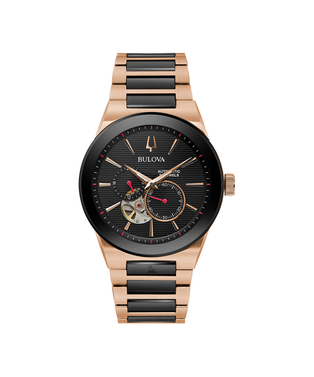 Bulova watch with rose gold and black band on white background