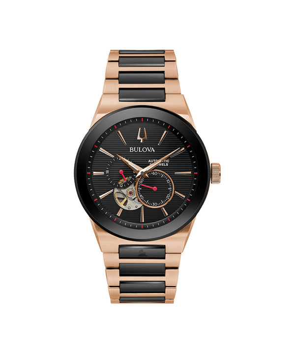 Bulova watch with rose gold and black band on white background