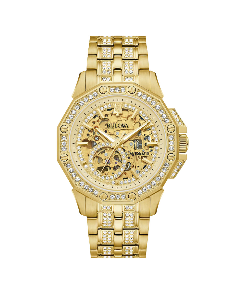 Gold wristwatch with diamond-studded bezel on a white background
