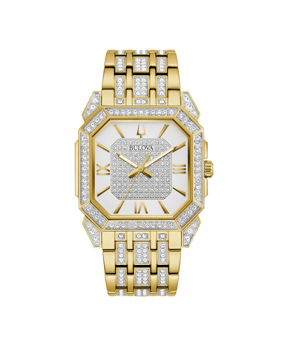 Gold wristwatch with diamond accents on a white background