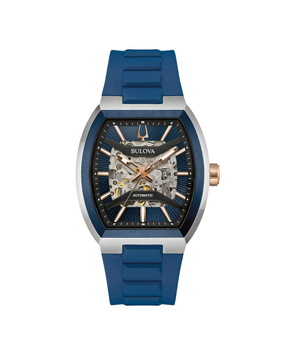 Bulova watch with blue strap and detailed face on a white background