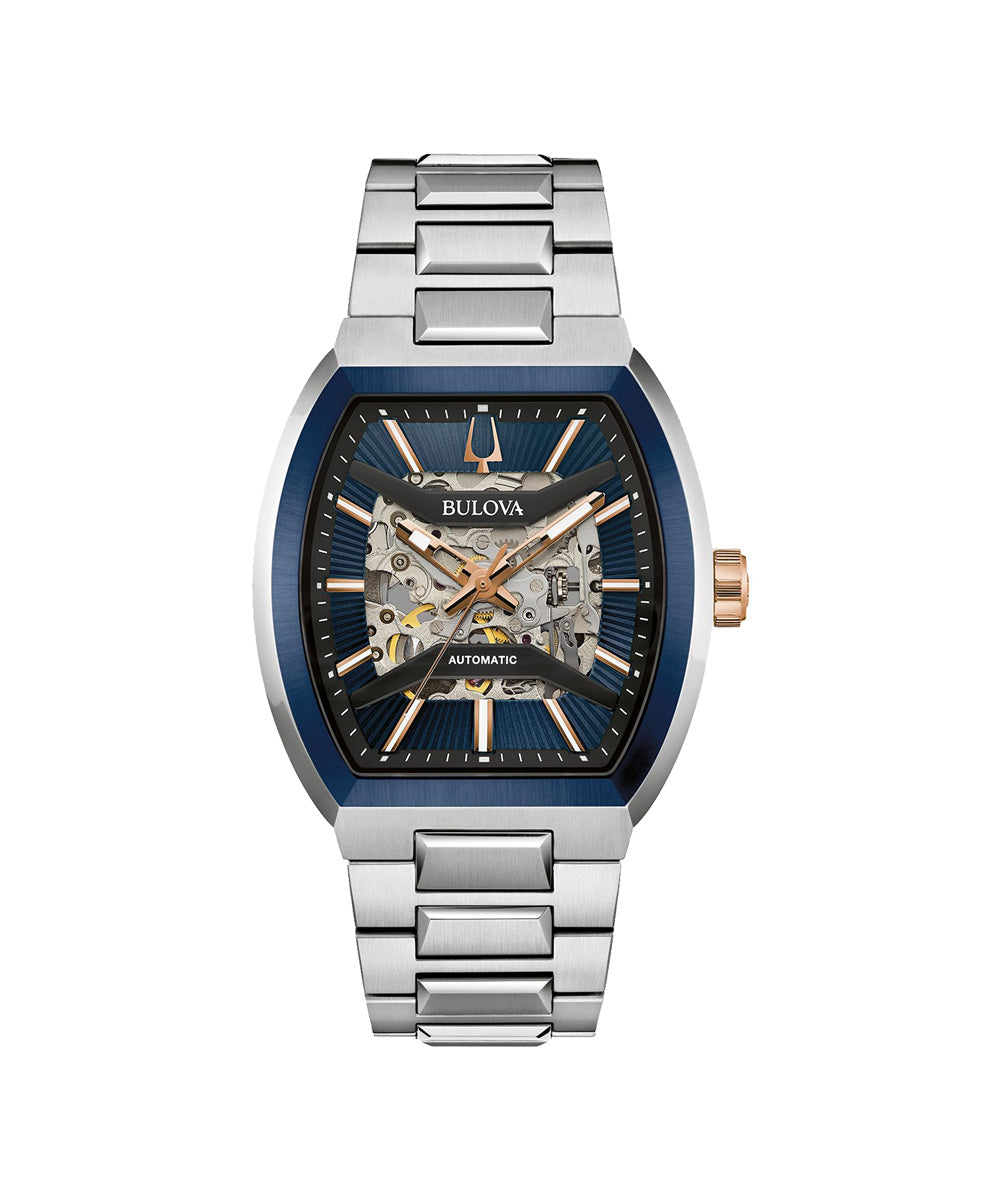 Bulova watch with silver and blue design on a white background