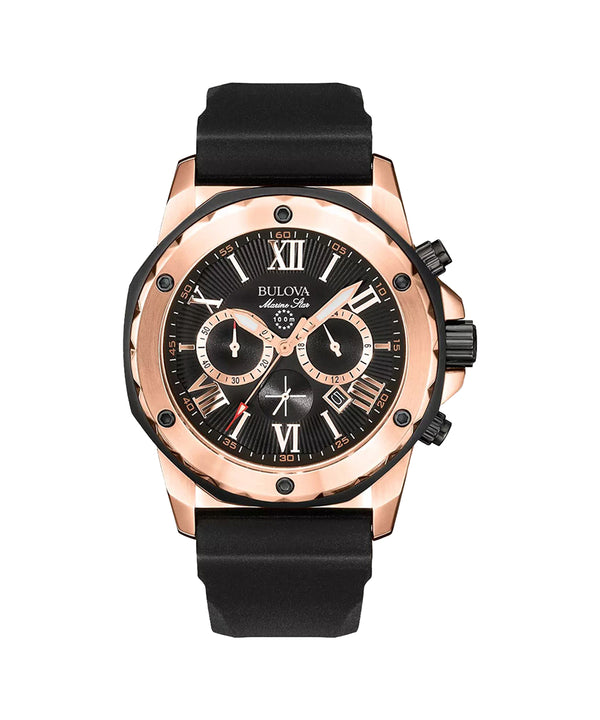 Bulova watch with black strap and rose gold case on white background