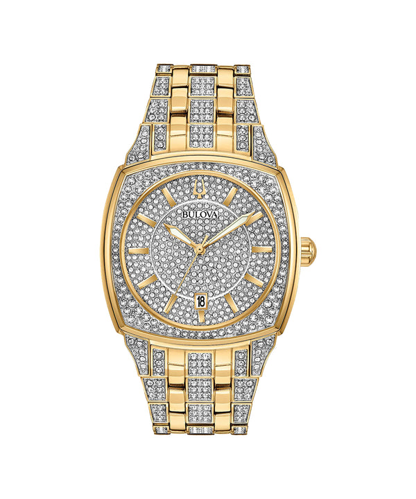 Gold and diamond-encrusted Bulova watch on a white background