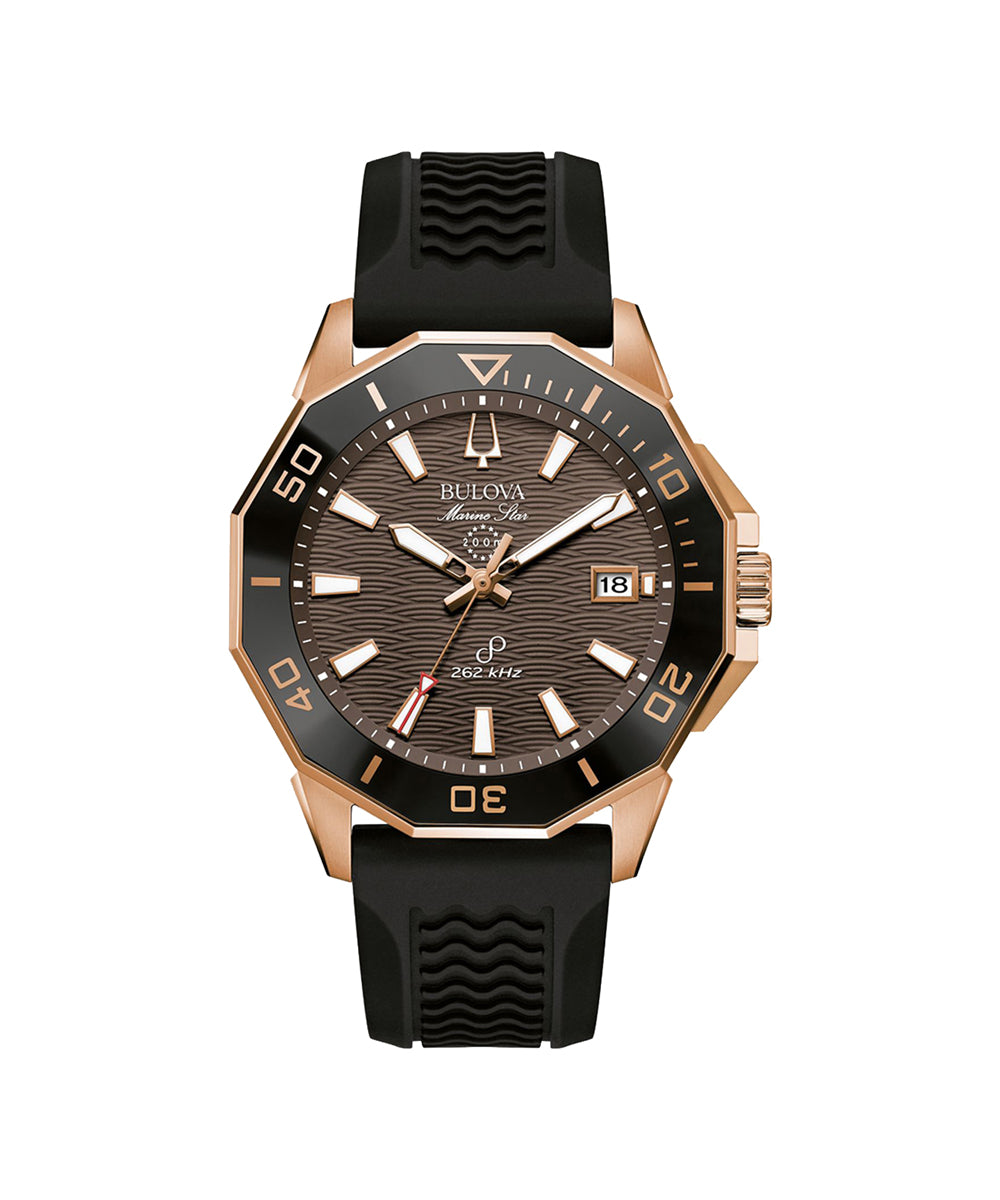 Luxury watch with black strap and rose gold case on white background