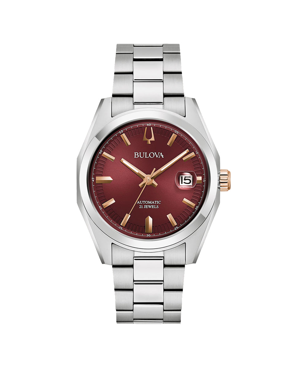 Bulova watch with a red face and silver bracelet on a white background