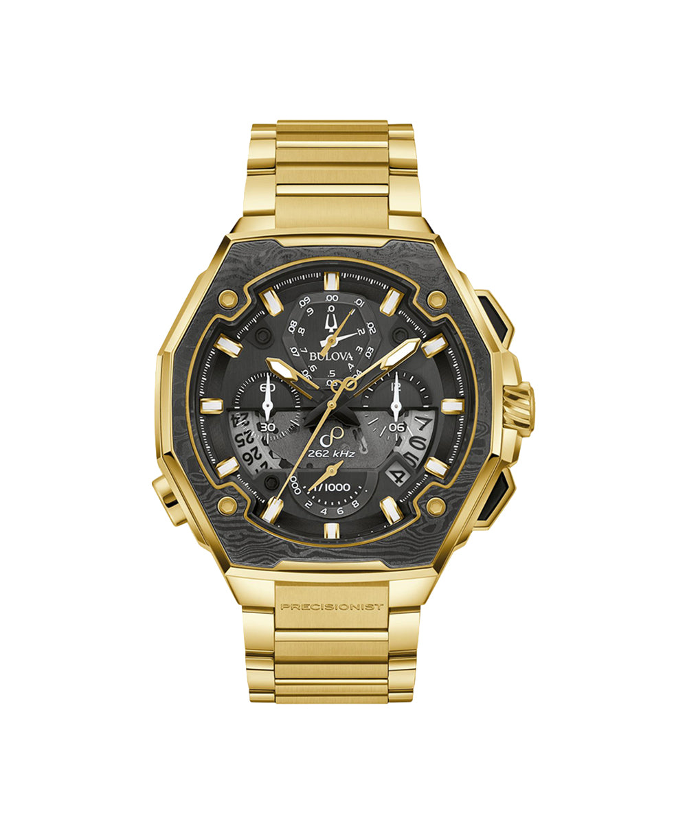 Gold and black watch with detailed face on a white background