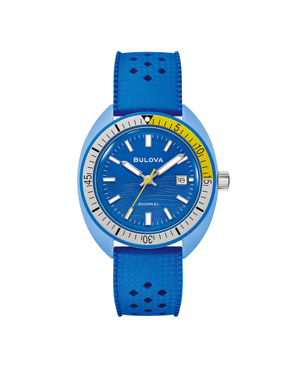Blue Bulova watch with a white face on a white background