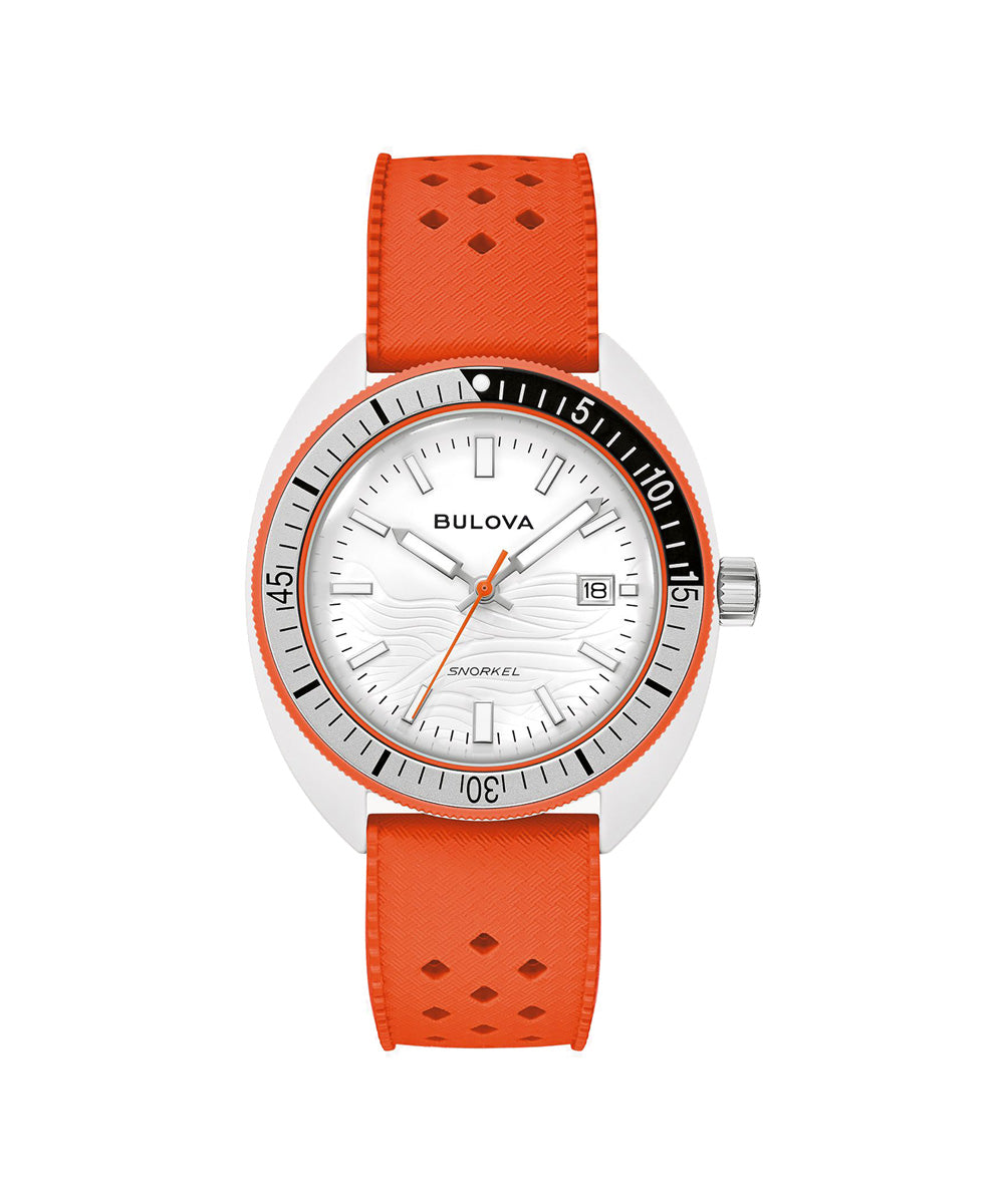 Bulova watch with orange strap on a white background