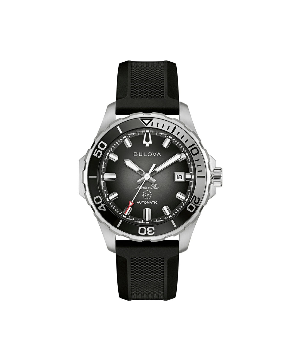 A Bulova Automatic watch with a black dial, black bezel, and a textured black rubber strap, set against a plain white background.