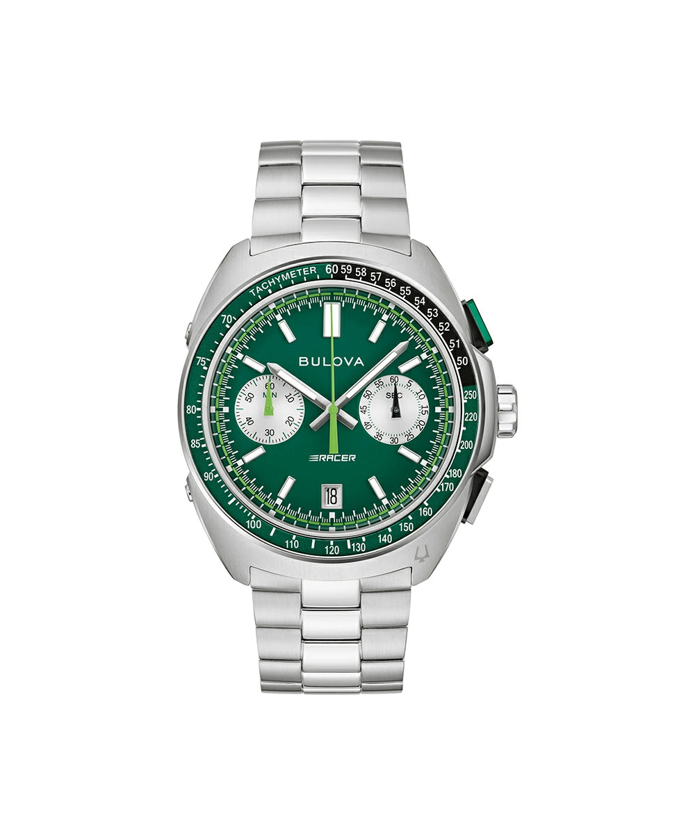 A Bulova women's stainless steel chronograph watch with a green dial, green bezel, and green accents on a white background.