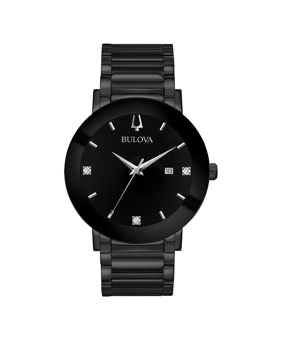Black Bulova watch with diamond-studded face on a white background