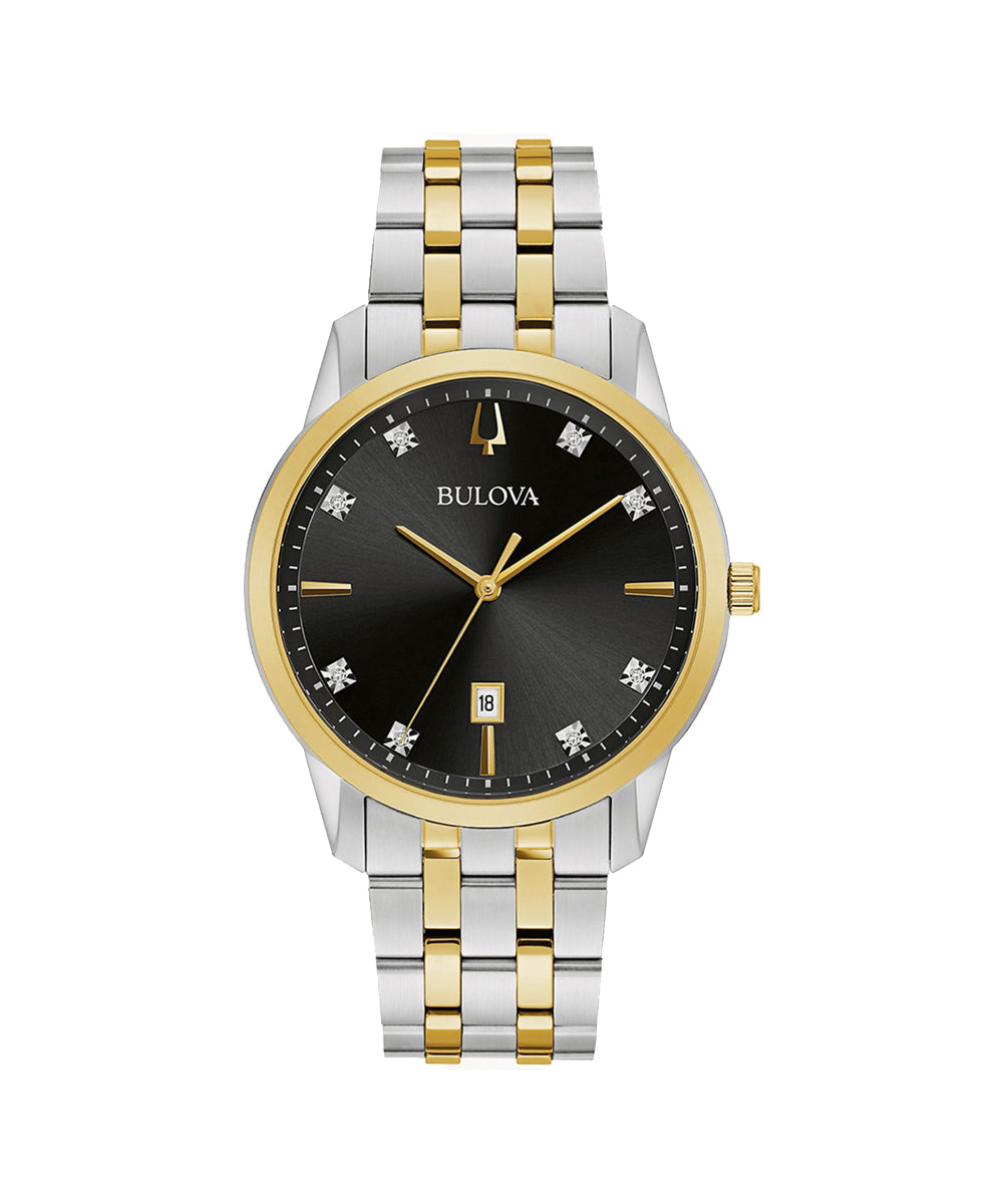Bulova watch with two-tone metal strap on a white background
