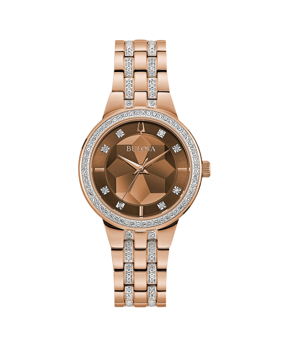 Rose gold watch with diamond accents on a white background