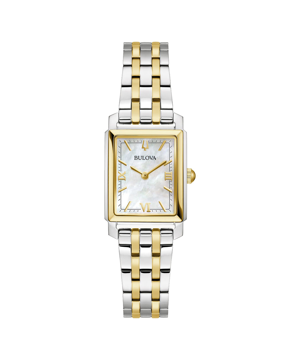 Bulova watch with two-tone metal strap on a white background