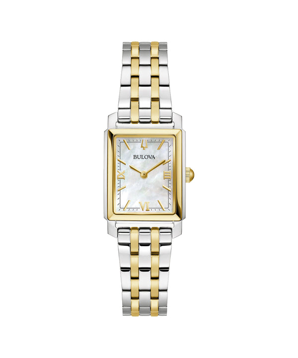 Bulova watch with two-tone metal strap on a white background