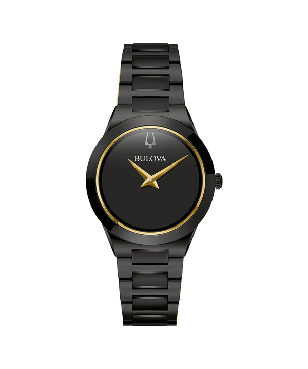 Black Bulova watch with gold accents on a white background