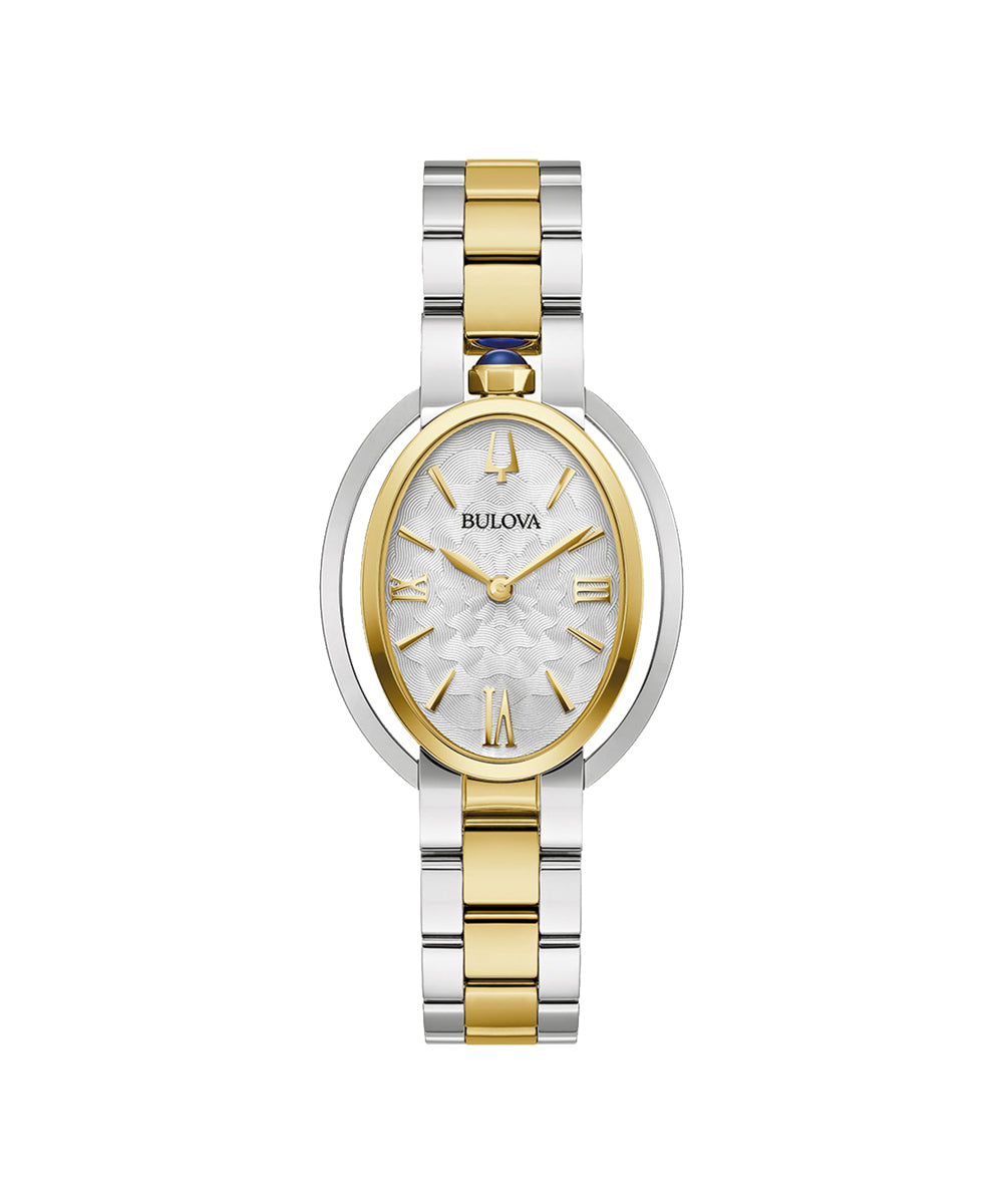 Bulova watch with two-tone gold and silver band on a white background