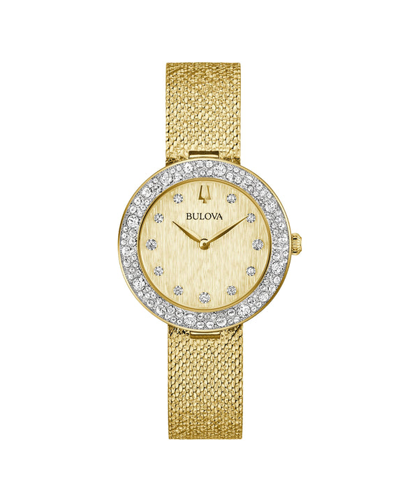 Gold watch with diamond-studded bezel on a white background, featuring the Bulova brand.