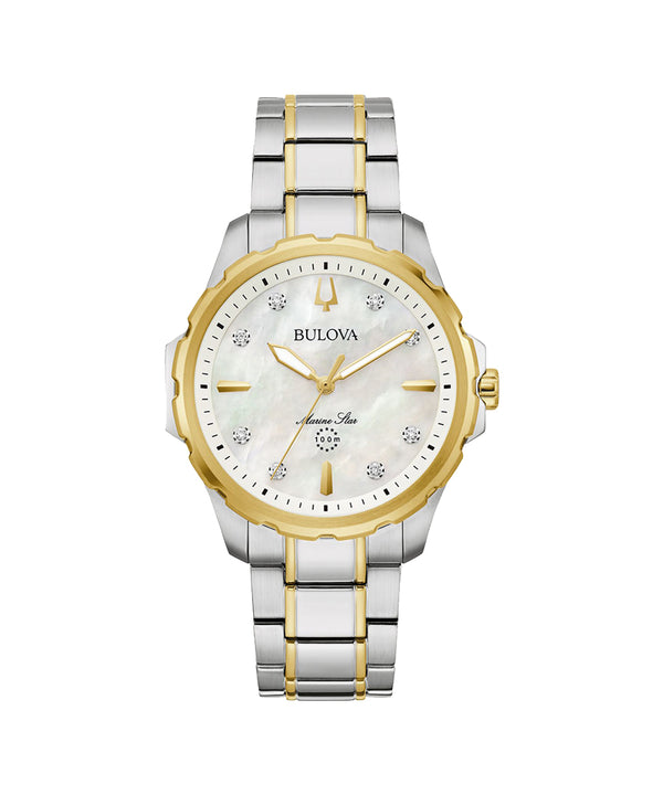 Bulova watch with two-tone silver and gold band on white background