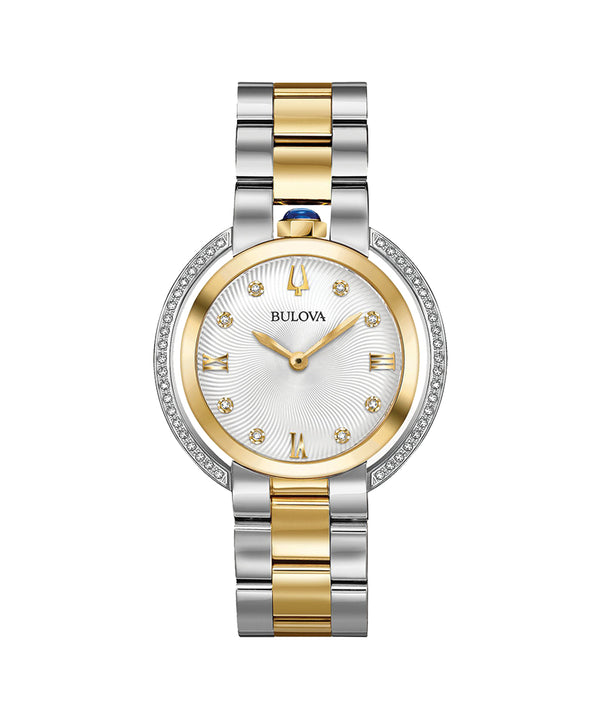 Bulova watch with two-tone metal band on a white background