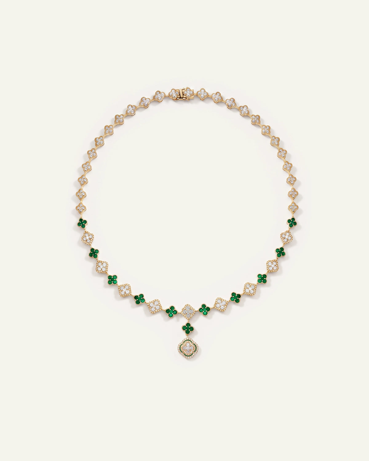 Yellow gold clover necklace featuring alternating diamond-paved and green emerald clover motifs with a central clover drop.