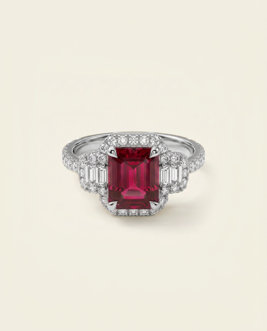 Aanika V. Lab-created Ruby & Lab-grown Diamond Baguette Halo Ring