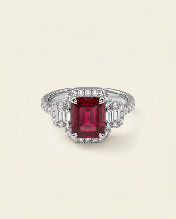 Aanika V. Lab-created Ruby & Lab-grown Diamond Baguette Halo Ring