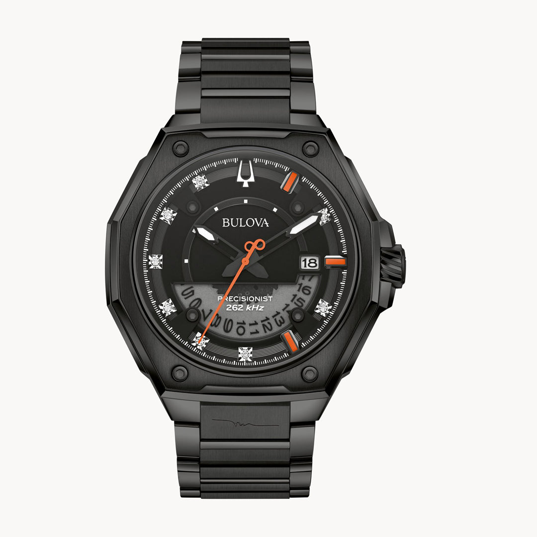 Black Bulova watch with detailed face on a white background