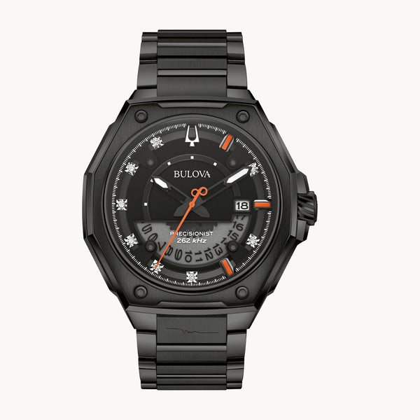 Black Bulova watch with detailed face on a white background
