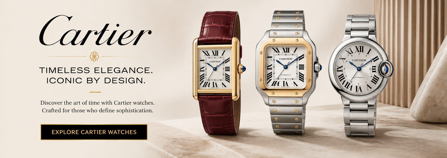 Cartier watches displayed on a beige background with promotional text. The image shows three wristwatches: a gold-tone watch with a dark red-brown leather strap, a gold-tone stainless steel watch with a white dial, and a silver-tone stainless steel watch with a white dial.