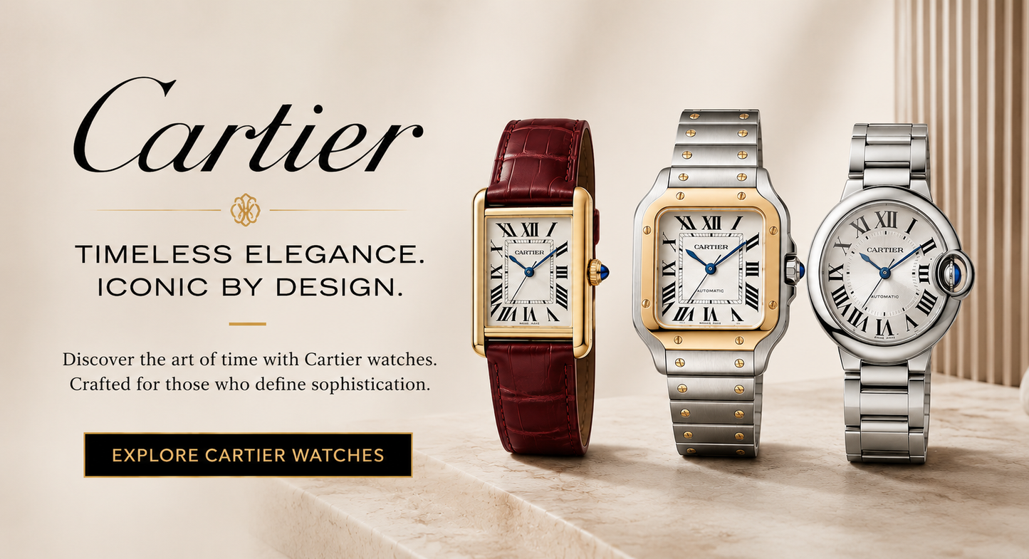 Three Cartier wristwatches displayed side by side on a light marble surface against a beige background. The watches include a gold-toned Cartier Tank with a dark red leather strap, a silver-toned Cartier Tank with a gold case, and a silver-toned Cartier Ballon with a white dial.