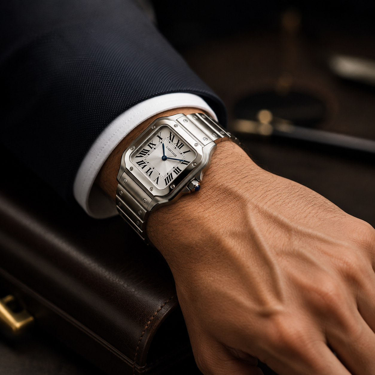 A silver-toned stainless steel watch with a square silver dial and Roman numeral hour markers, worn on a wrist with a dark navy suit jacket and white dress shirt cuff visible, resting on a dark brown leather surface.