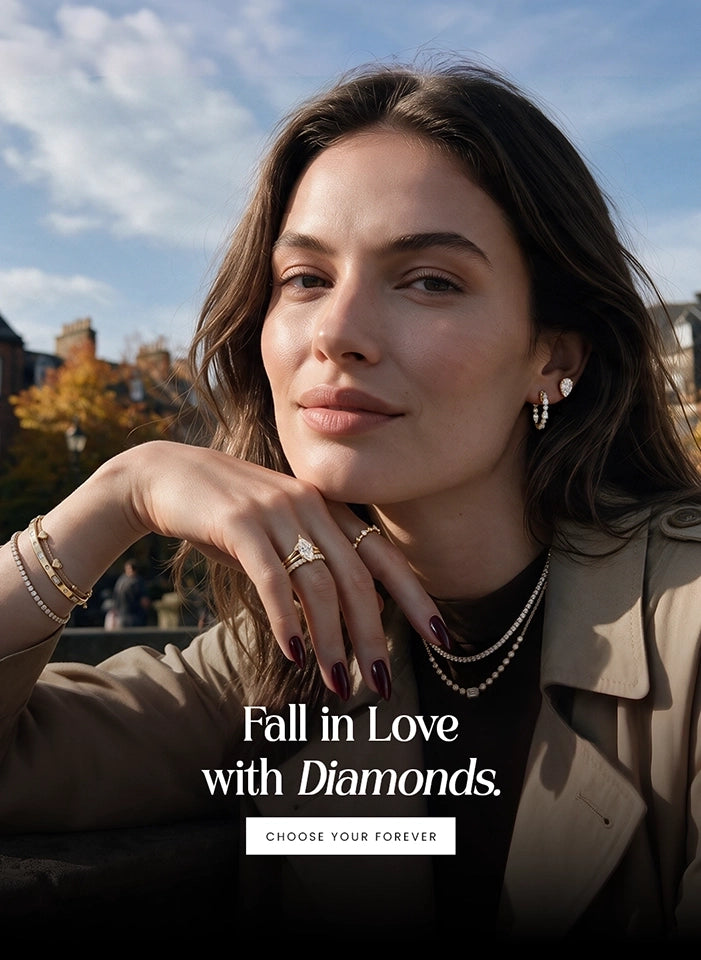 A woman outdoors wearing layered pearl necklaces, a bracelet, and rings, with the text 'Fall in Love with Diamonds. CHOOSE YOUR FOREVER' overlaid on the image.