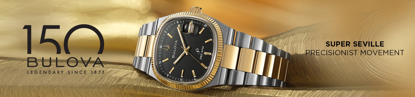 Bulova watch with gold and silver band on a gradient background