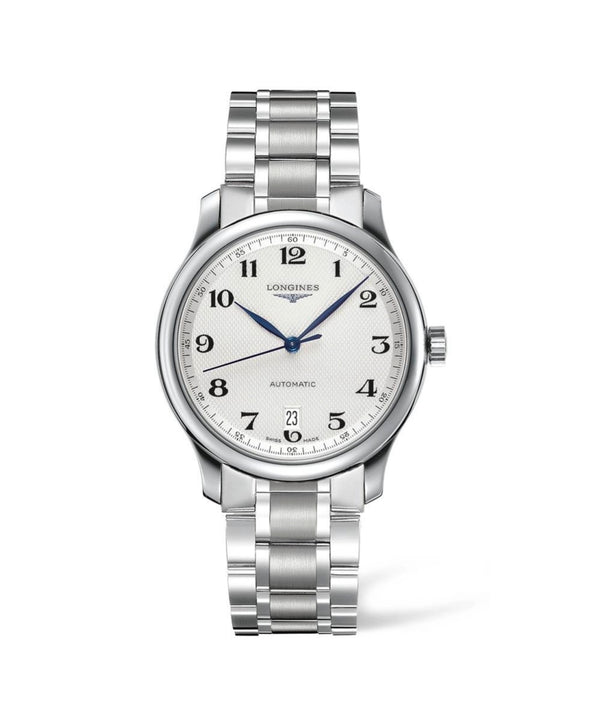 Silver watch with a white face on a white background