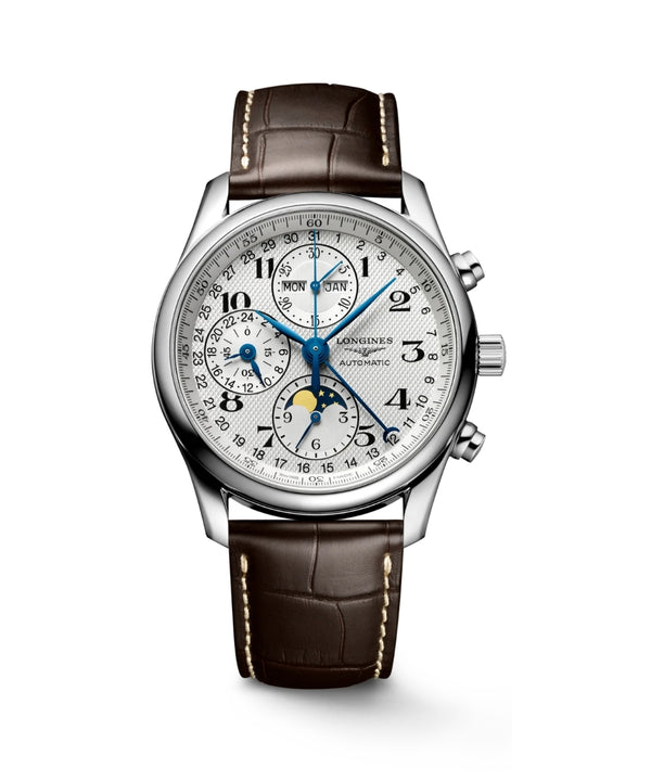 Luxury wristwatch with detailed face and brown leather strap on a white background