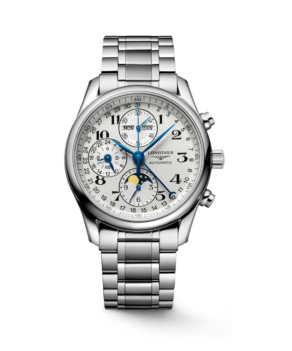 Silver wristwatch with detailed face on a white background