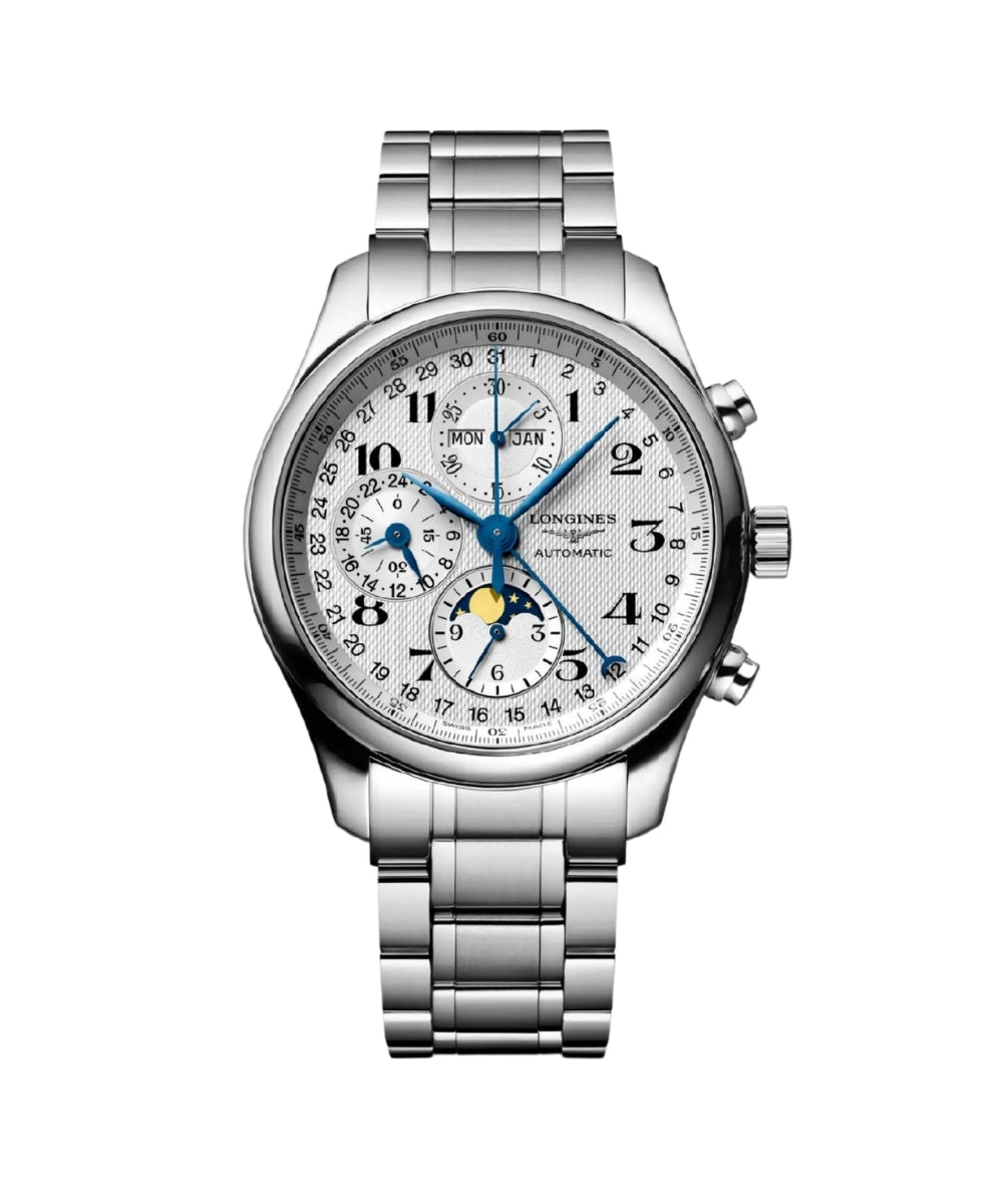Silver wristwatch with a detailed face on a white background