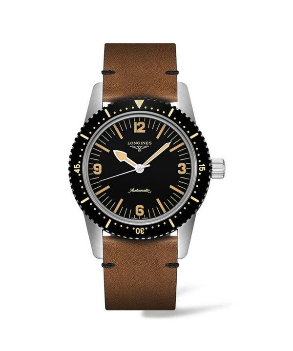 Watch with brown leather strap and black dial on a white background